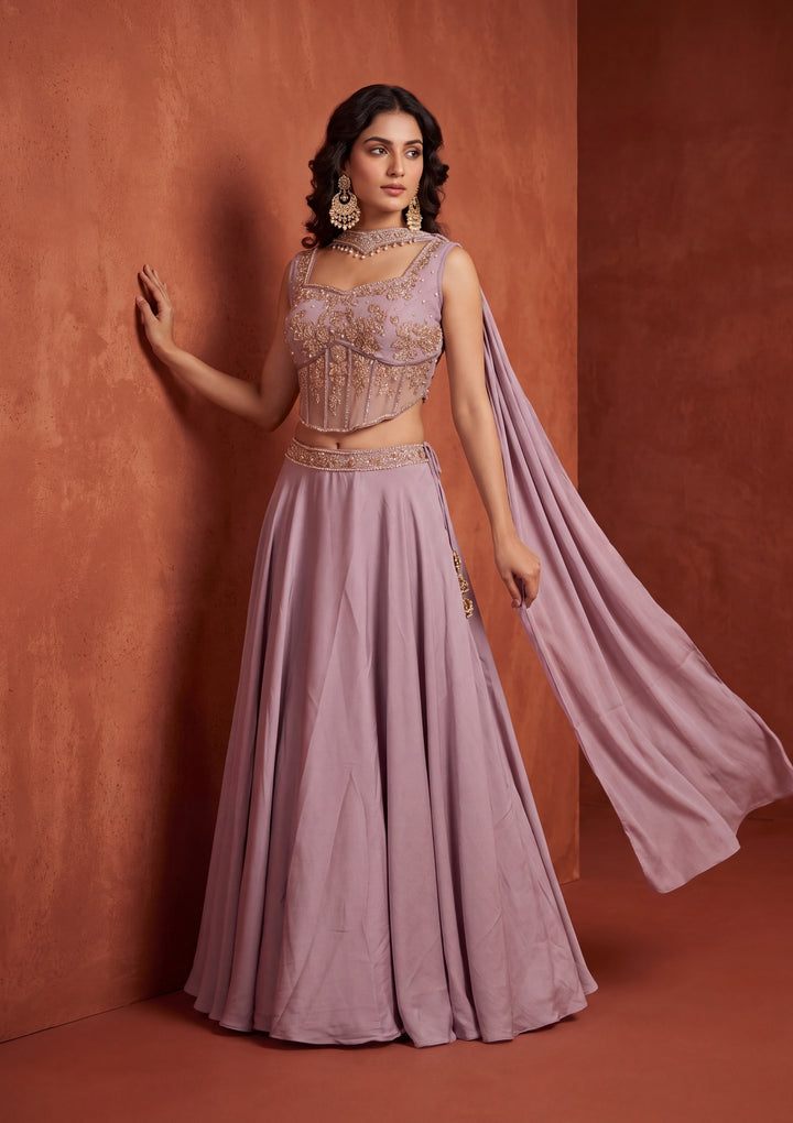 Cutdana Mauve Satin Stitched Lehenga Blouse With Dupatta