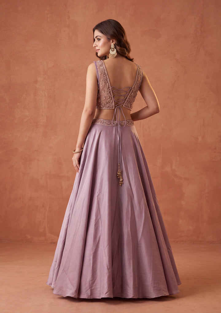 Cutdana Mauve Satin Stitched Lehenga Blouse With Dupatta