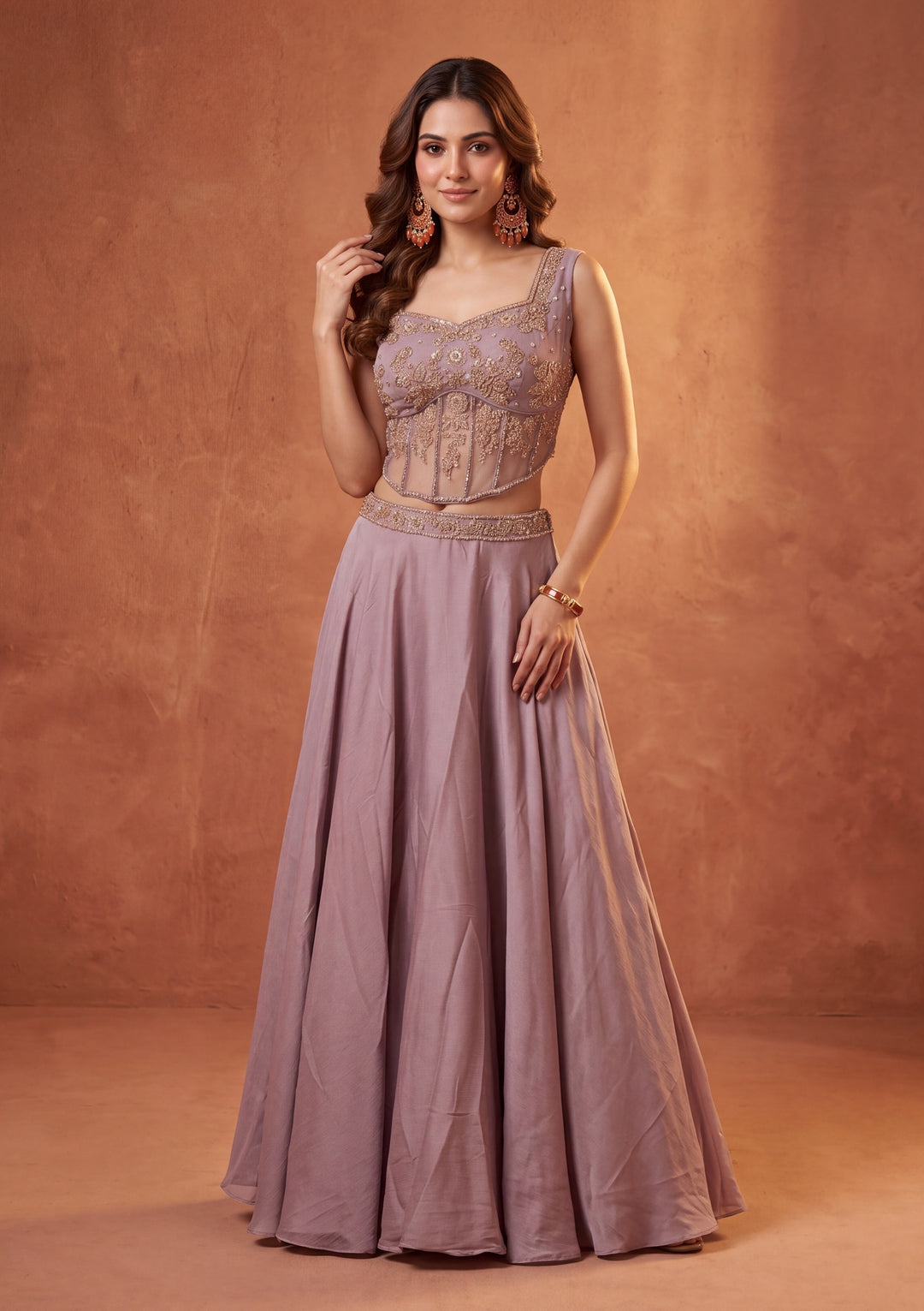Cutdana Mauve Satin Stitched Lehenga Blouse With Dupatta