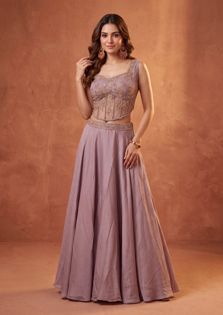 Cutdana Mauve Satin Stitched Lehenga Blouse With Dupatta