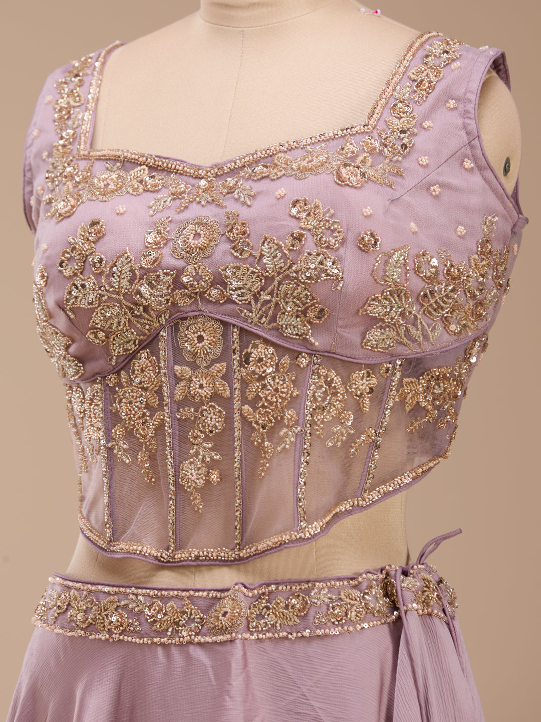 Cutdana Mauve Satin Stitched Lehenga Blouse With Dupatta