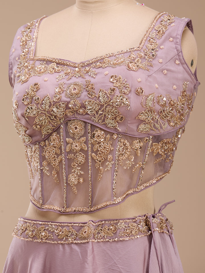 Cutdana Mauve Satin Stitched Lehenga Blouse With Dupatta