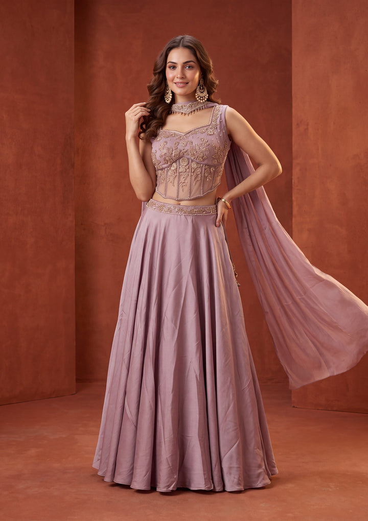 Cutdana Mauve Satin Stitched Lehenga Blouse With Dupatta