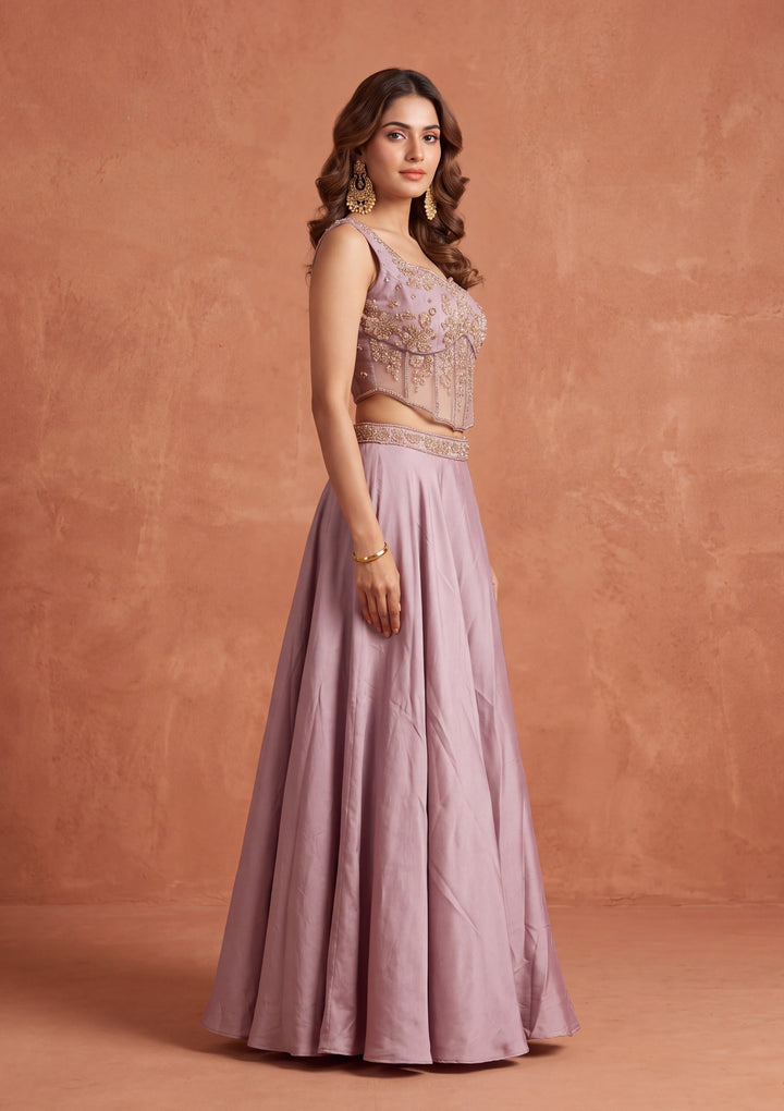 Cutdana Mauve Satin Stitched Lehenga Blouse With Dupatta