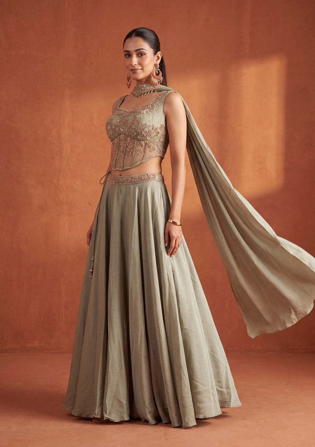Cutdana Pista Green Satin Stitched Lehenga Blouse With Dupatta