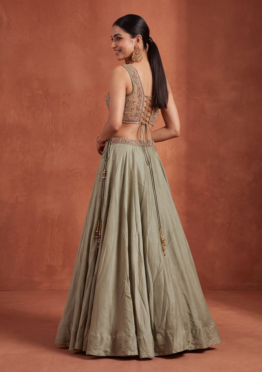 Cutdana Pista Green Satin Stitched Lehenga Blouse With Dupatta