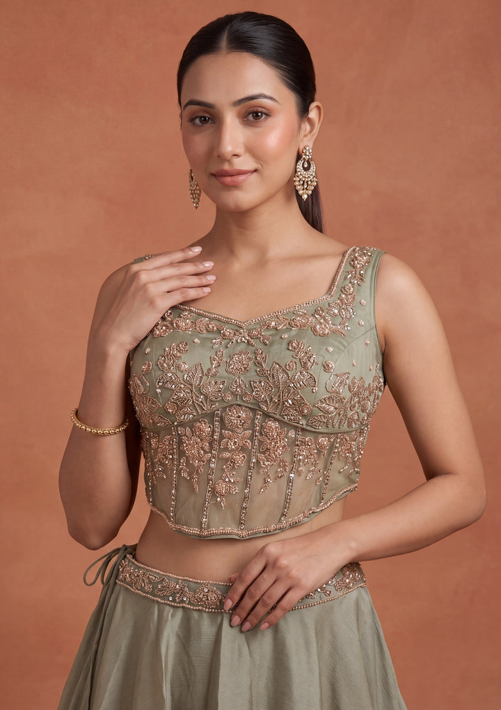 Cutdana Pista Green Satin Stitched Lehenga Blouse With Dupatta