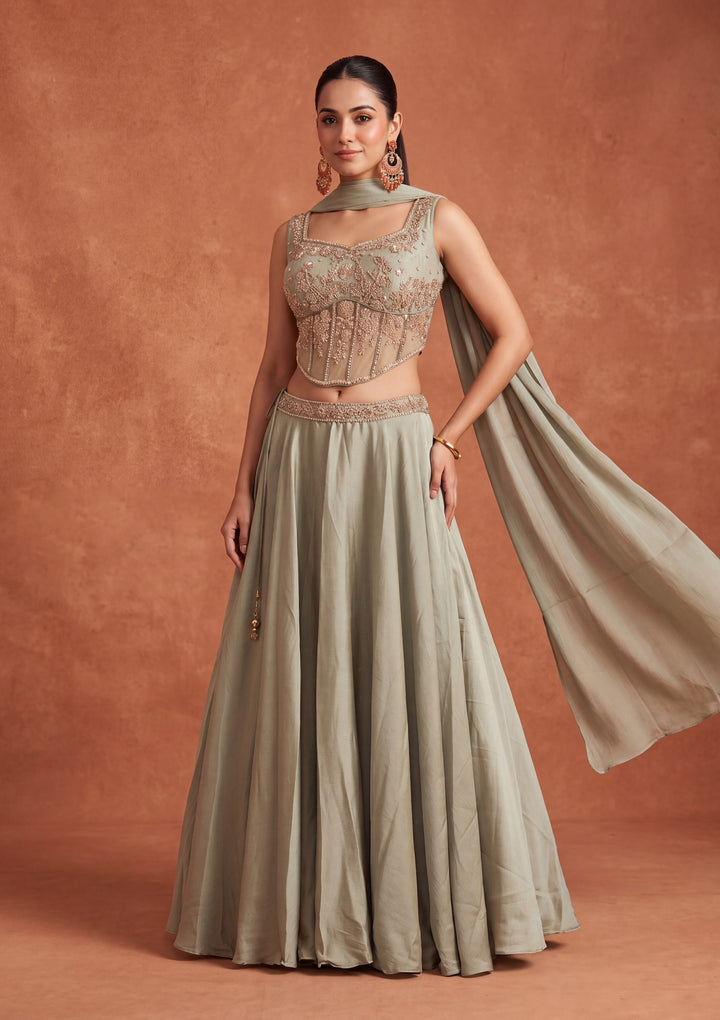 Cutdana Pista Green Satin Stitched Lehenga Blouse With Dupatta