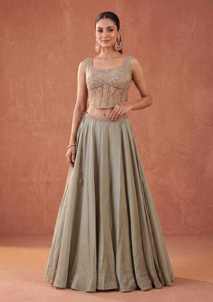 Cutdana Pista Green Satin Stitched Lehenga Blouse With Dupatta