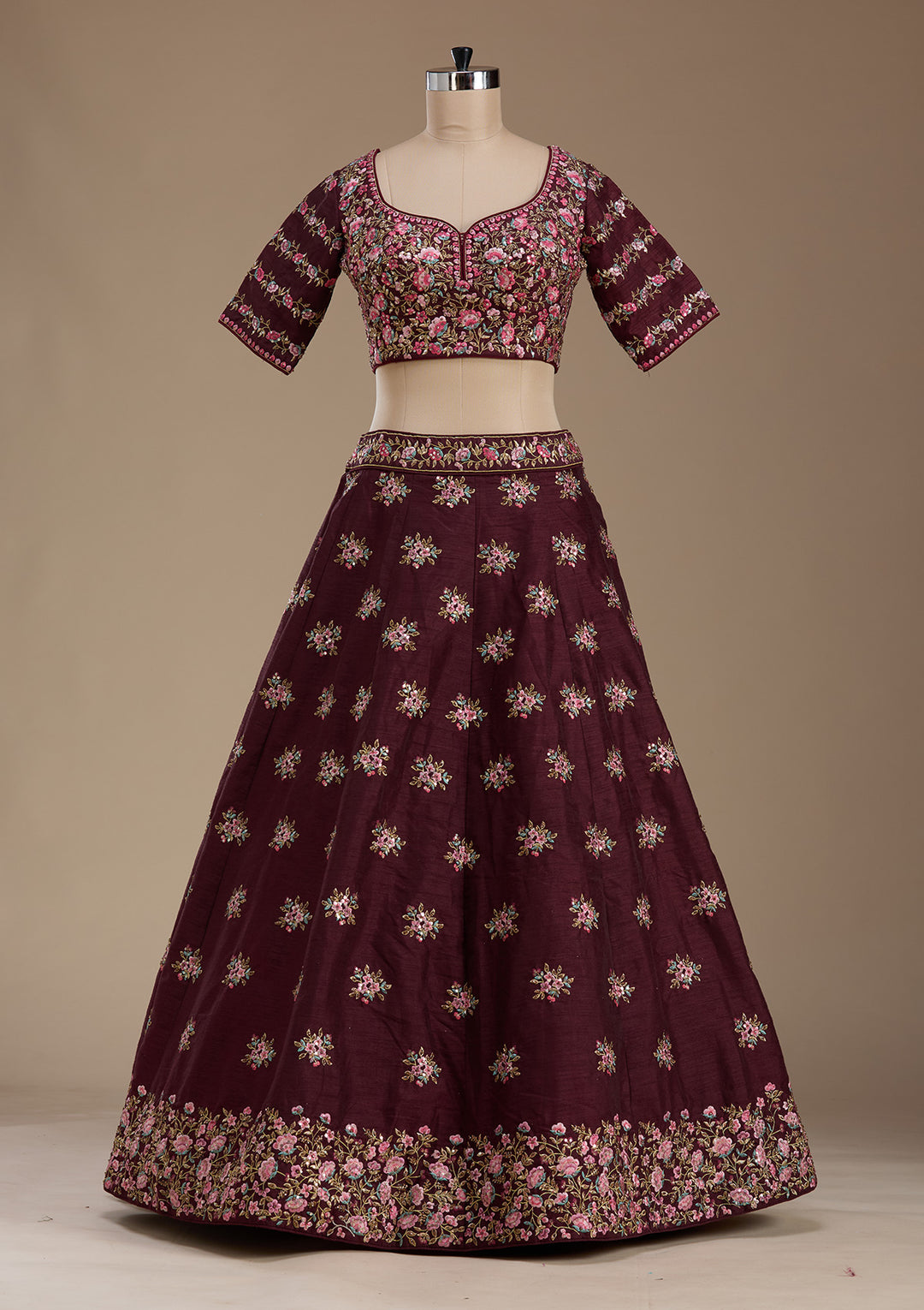 Maroon Threadwork Raw Silk Readymade Lehenga