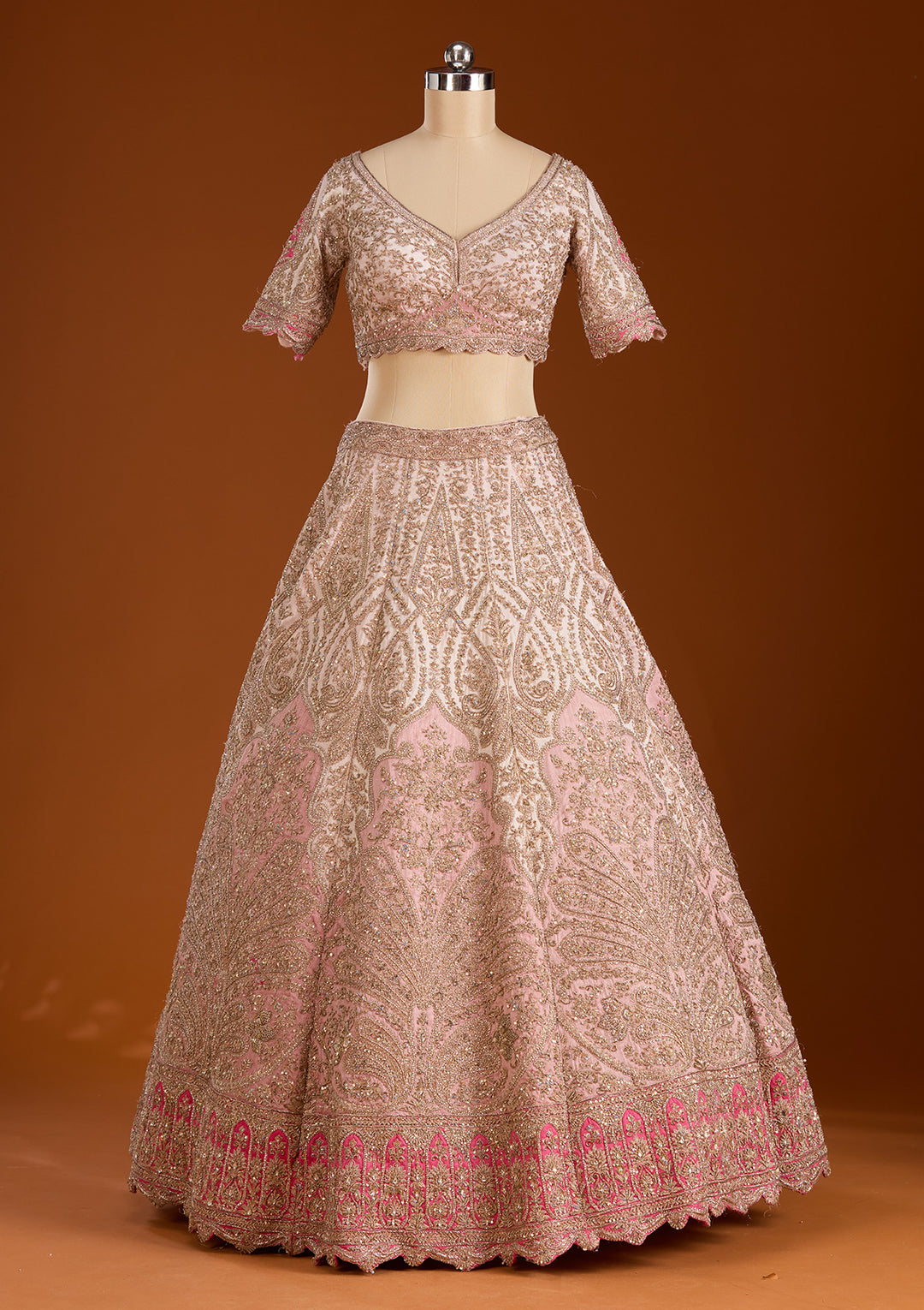 Peach Zariwork Raw Silk Readymade Lehenga