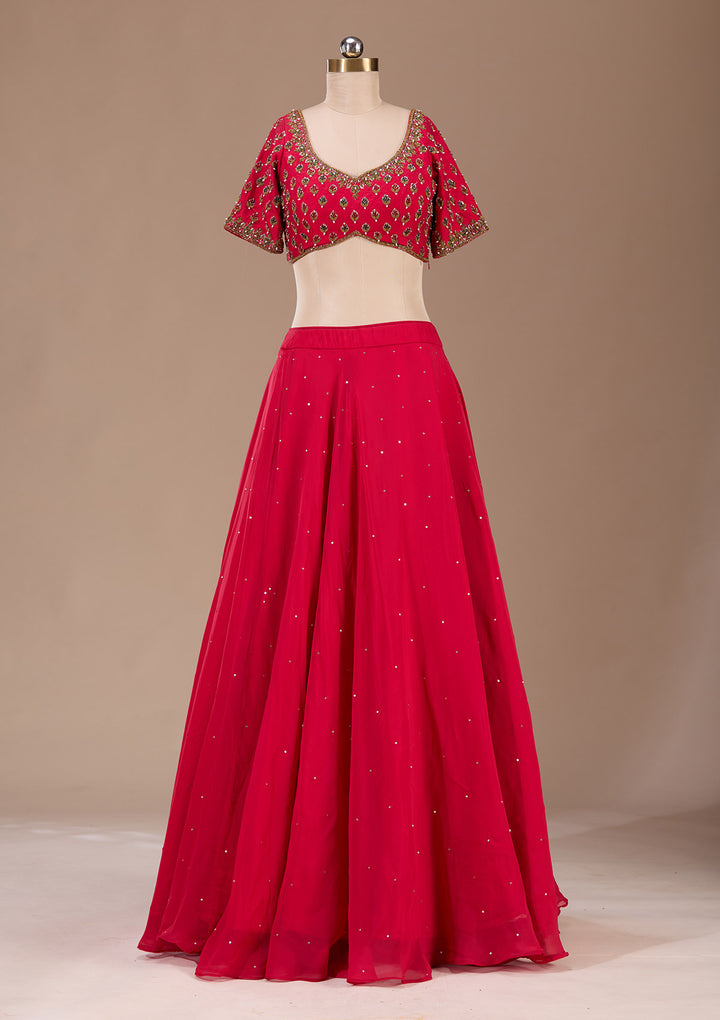 Red Zardosi Raw Silk Readymade Lehenga