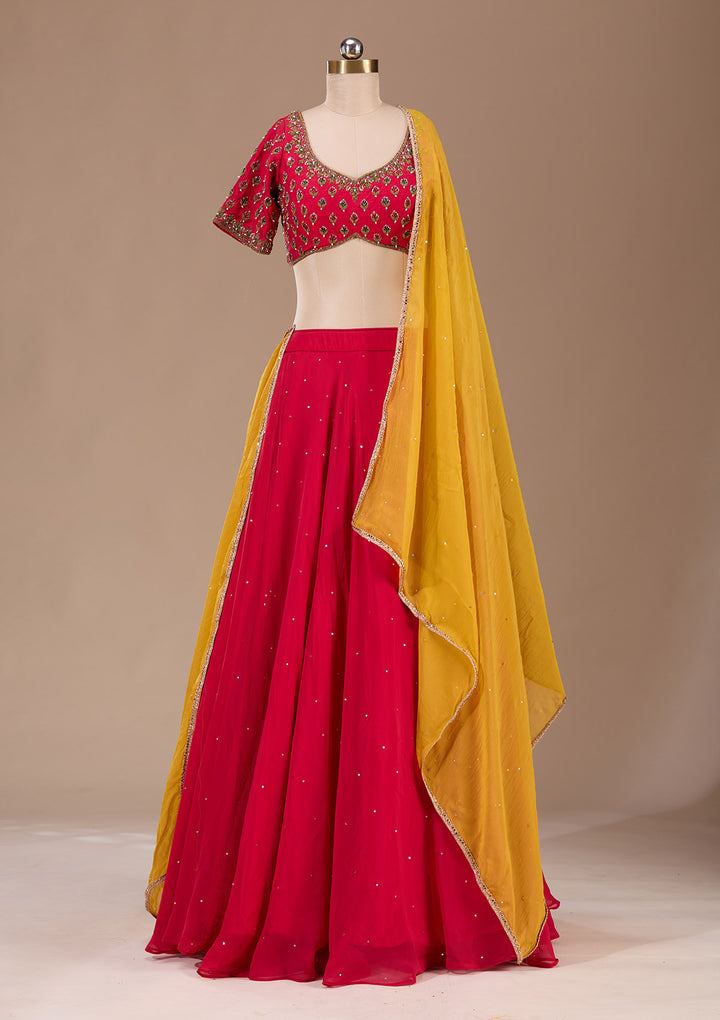 Red Zardosi Raw Silk Readymade Lehenga