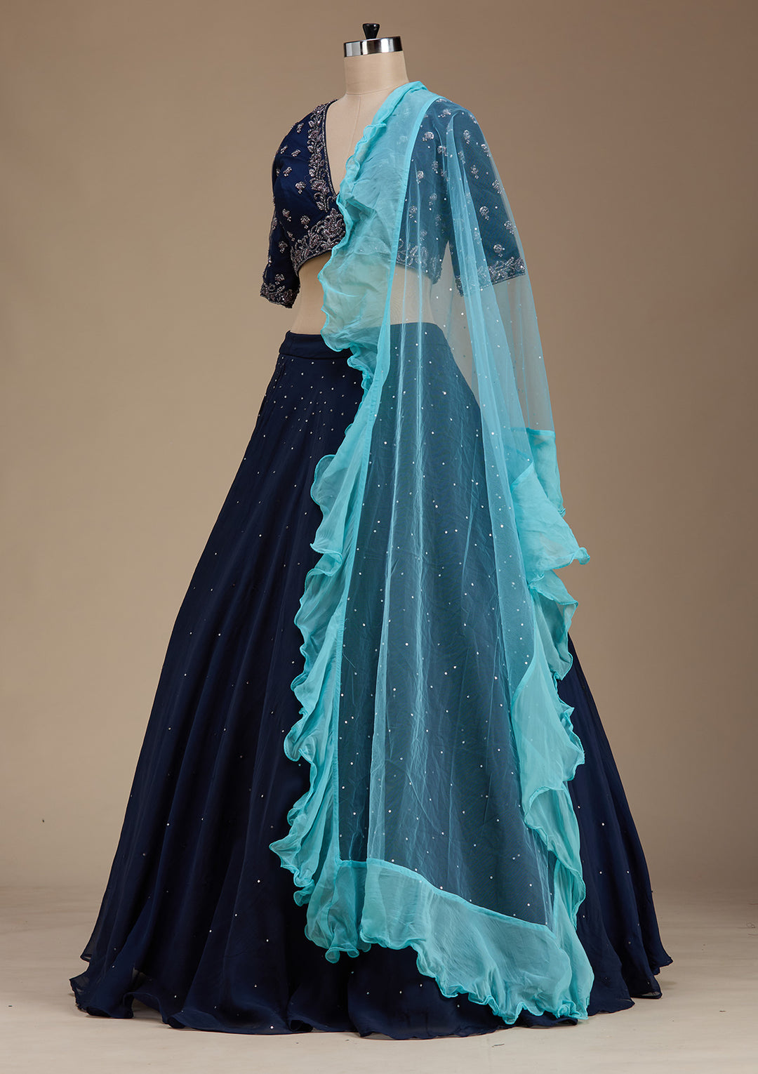 Navy Blue Zardosi Tissue Readymade Lehenga