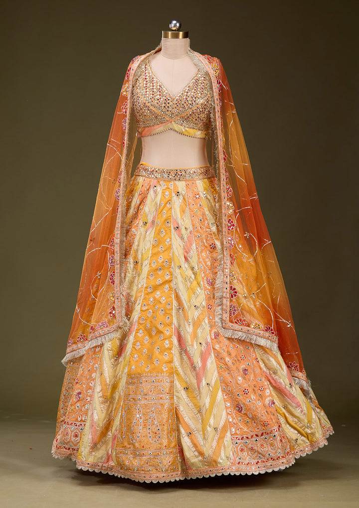 Orange Mirrorwork Brocade Readymade Lehenga
