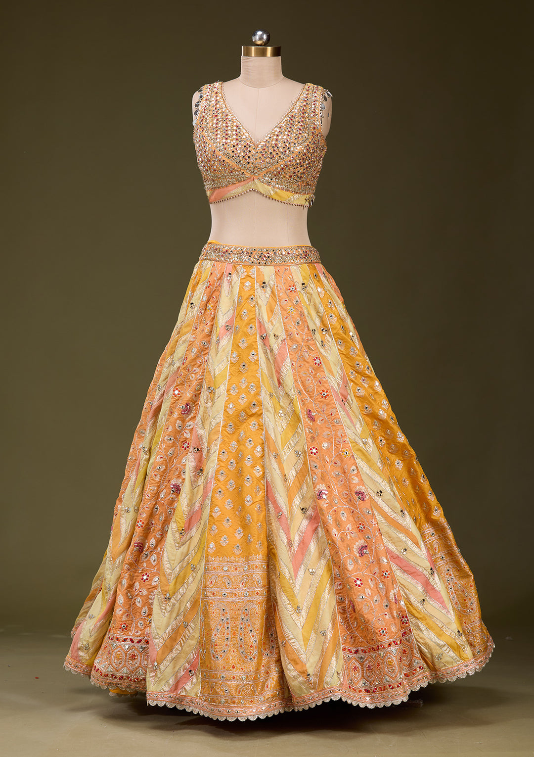 Orange Mirrorwork Brocade Readymade Lehenga