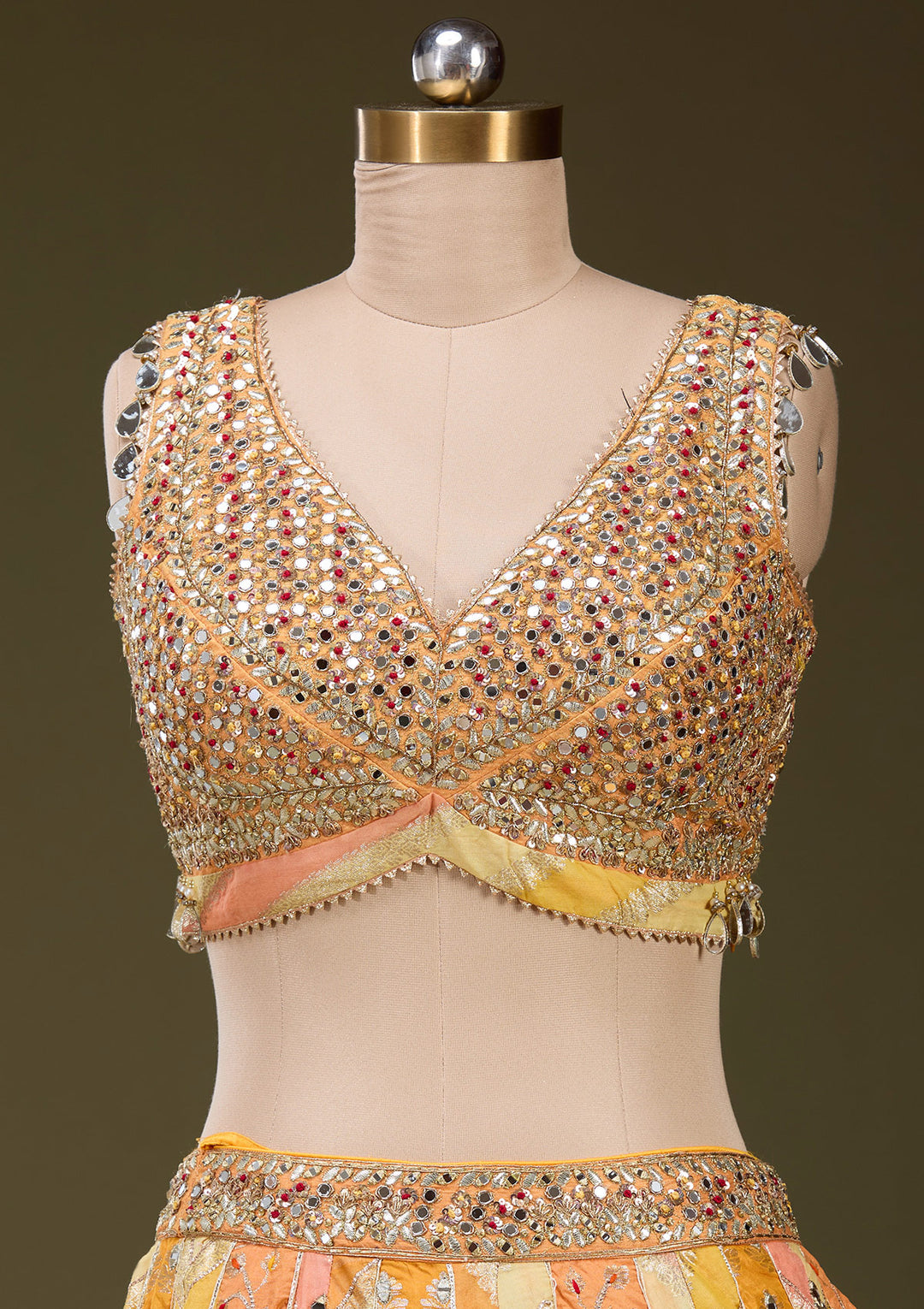 Orange Mirrorwork Brocade Readymade Lehenga