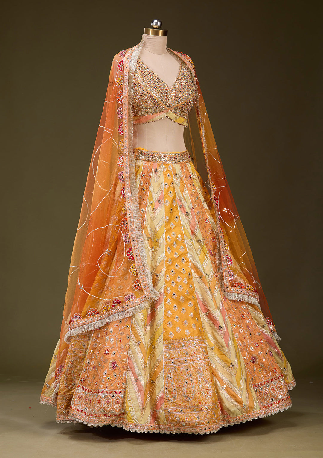 Orange Mirrorwork Brocade Readymade Lehenga