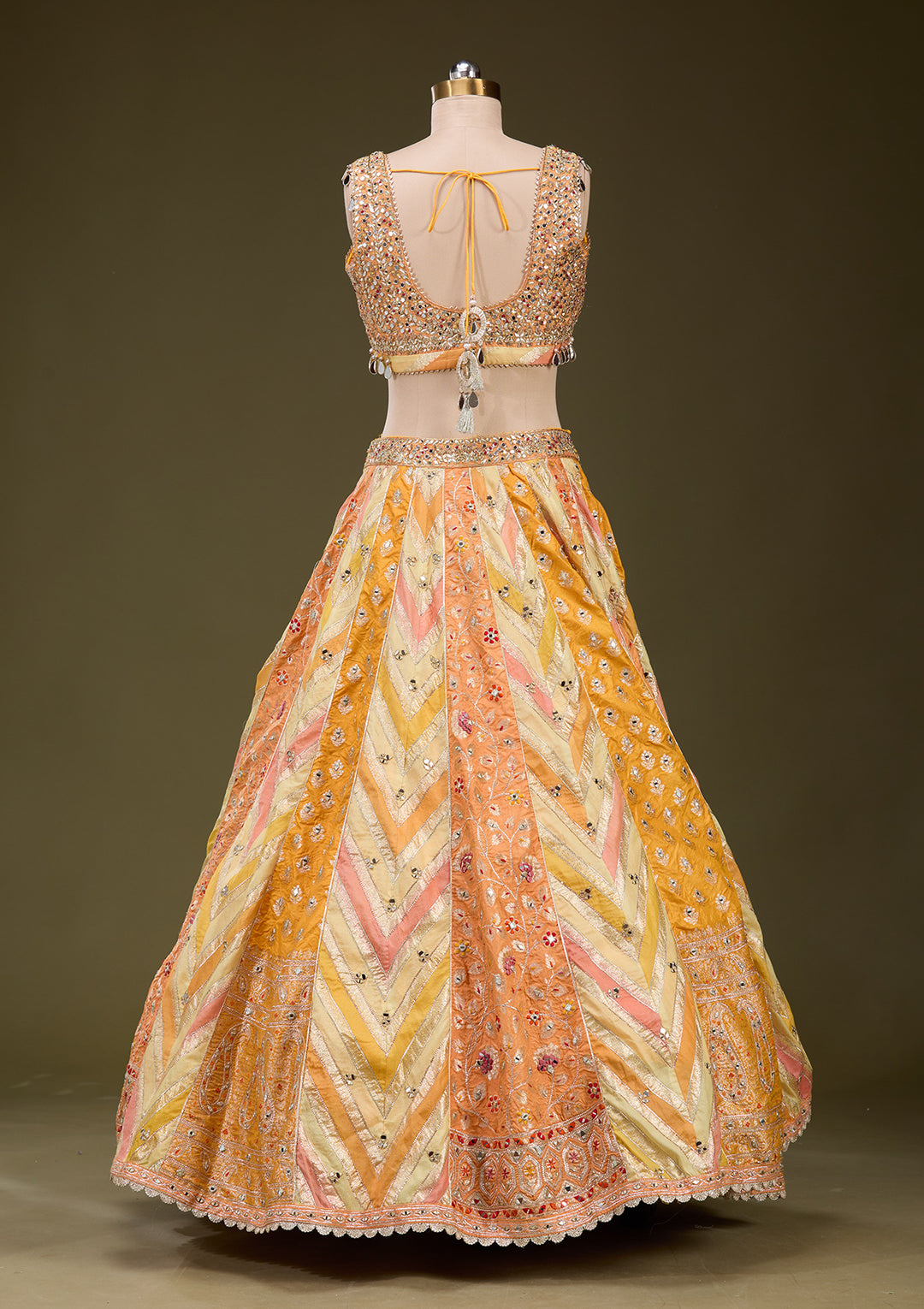 Orange Mirrorwork Brocade Readymade Lehenga