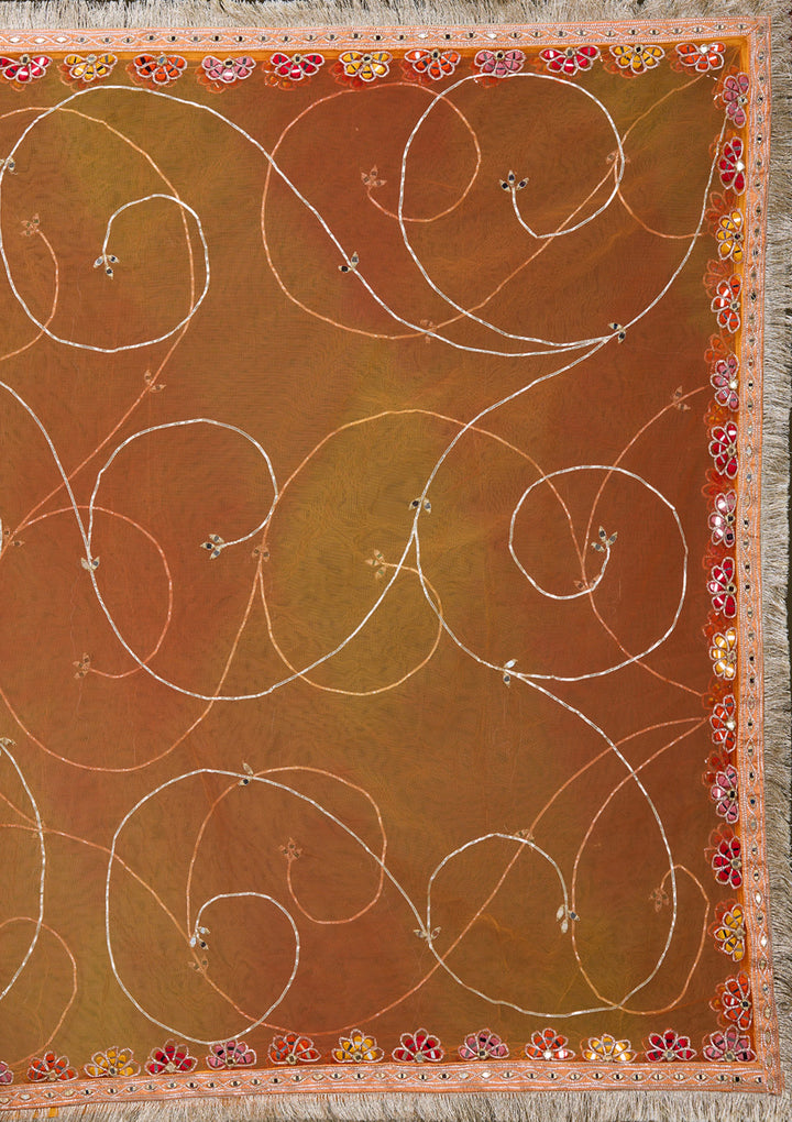 Orange Mirrorwork Brocade Readymade Lehenga
