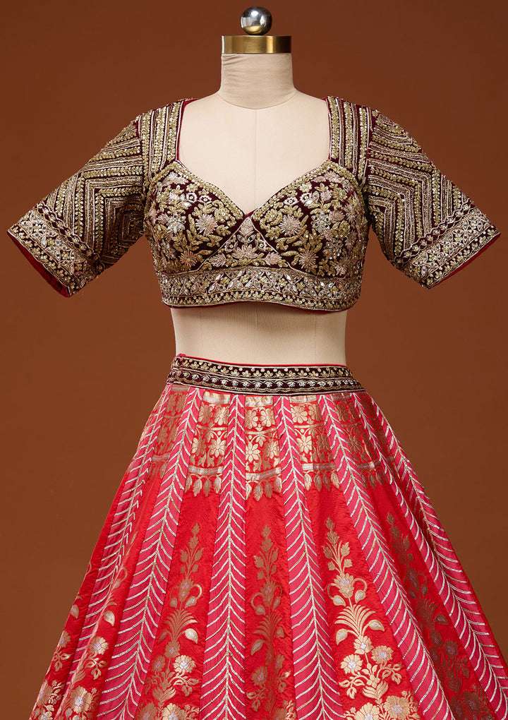 Red Zardosi Brocade Readymade Lehenga