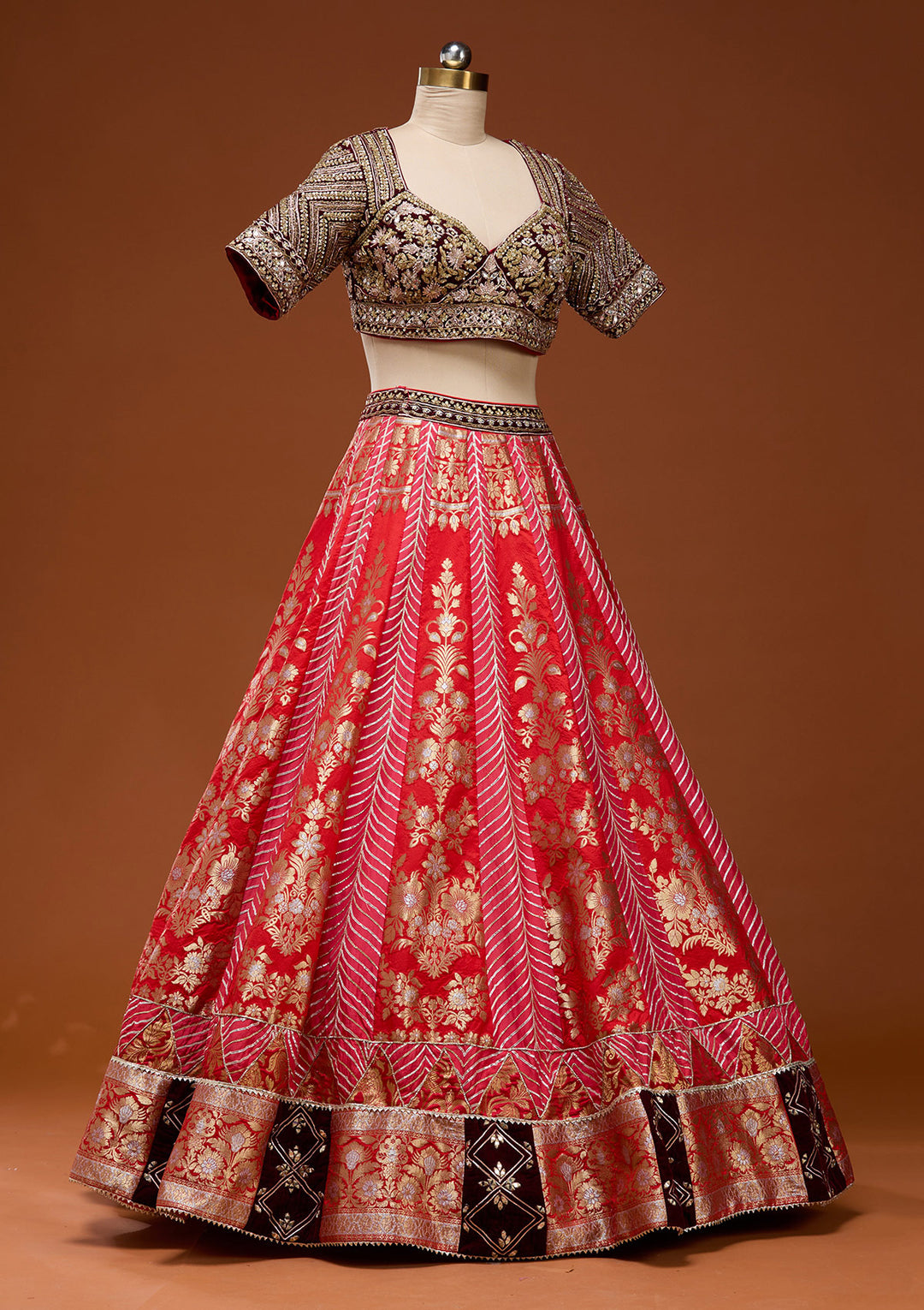 Red Zardosi Brocade Readymade Lehenga