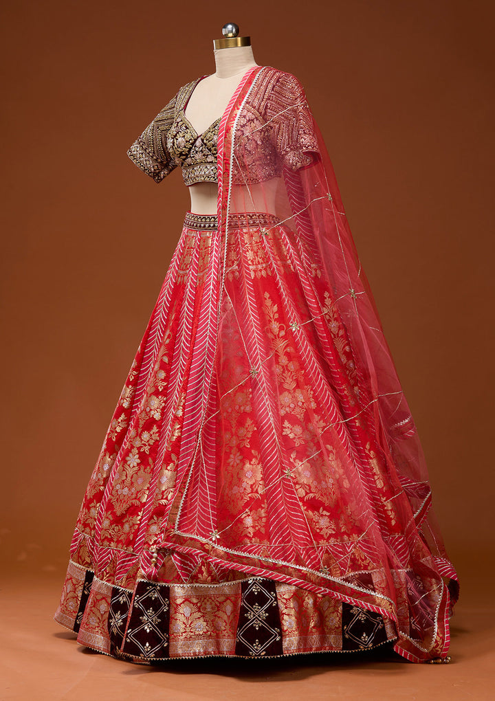 Red Zardosi Brocade Readymade Lehenga
