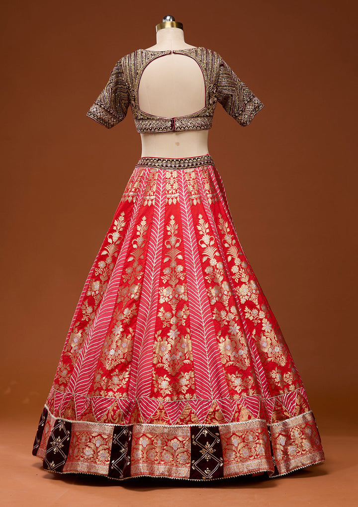 Red Zardosi Brocade Readymade Lehenga