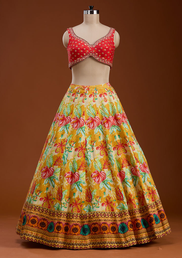 Mustard Cutdana Raw Silk Readymade Lehenga