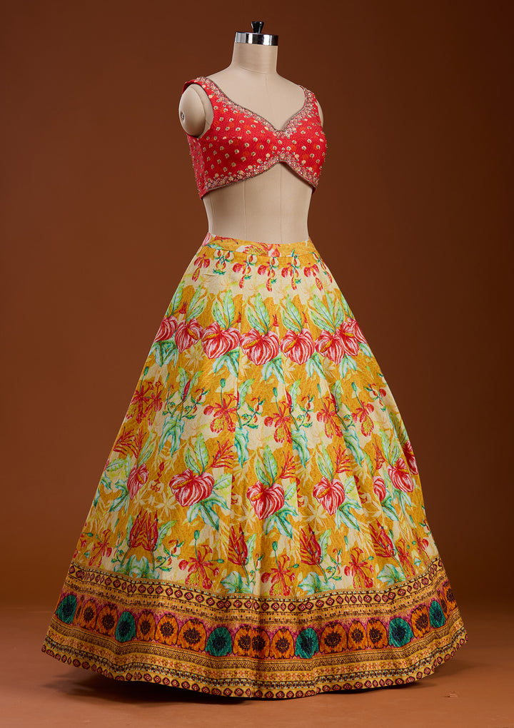 Mustard Cutdana Raw Silk Readymade Lehenga
