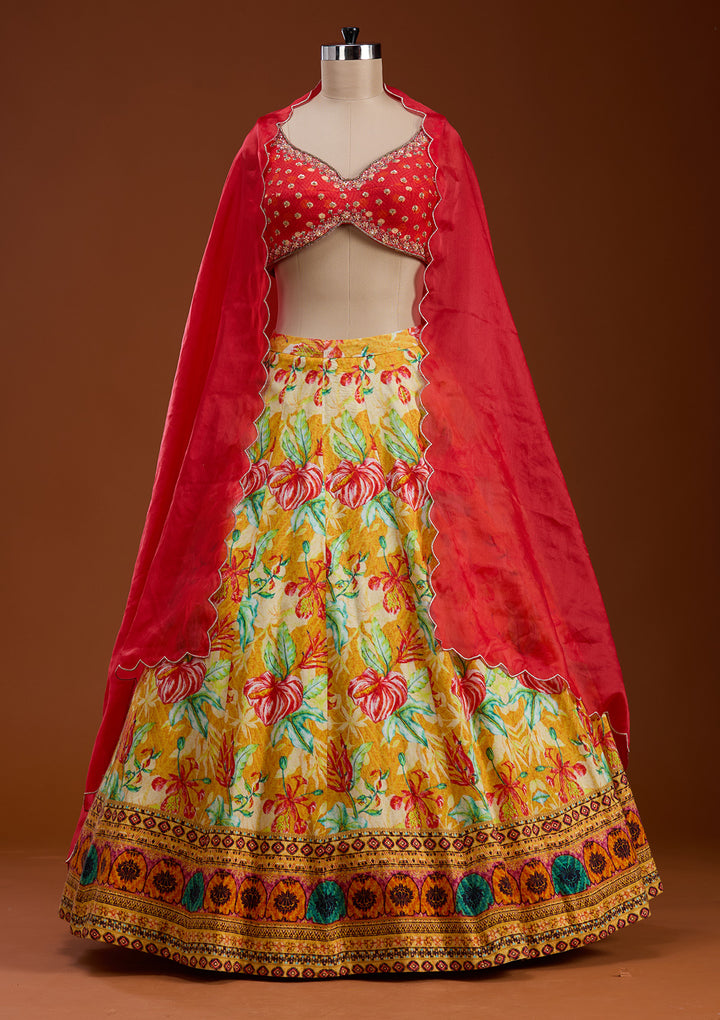 Mustard Cutdana Raw Silk Readymade Lehenga