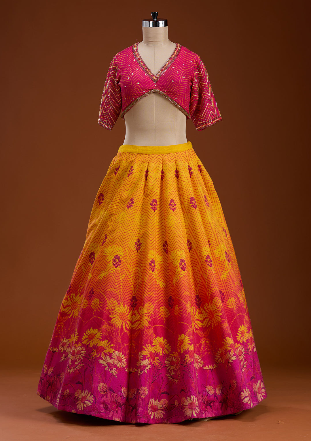 Koskii Raw Silk Yellow & Pink Lehenga with Vibrant Embroidery