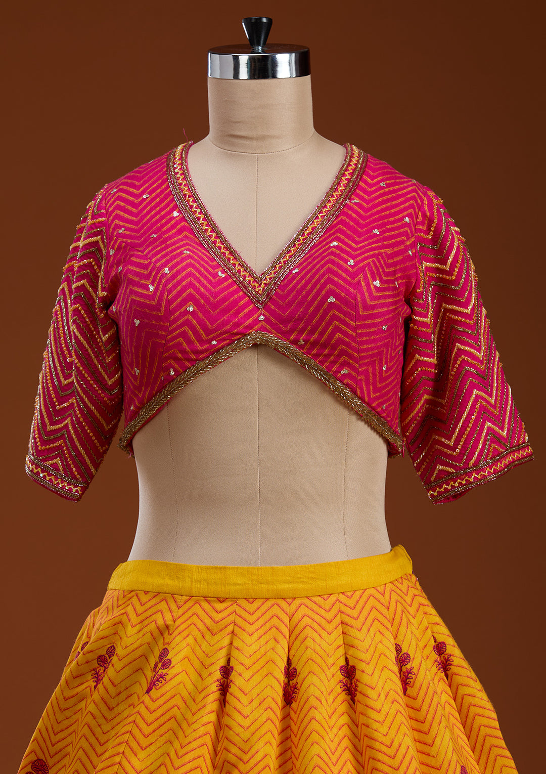 Koskii Raw Silk Yellow & Pink Lehenga with Vibrant Embroidery