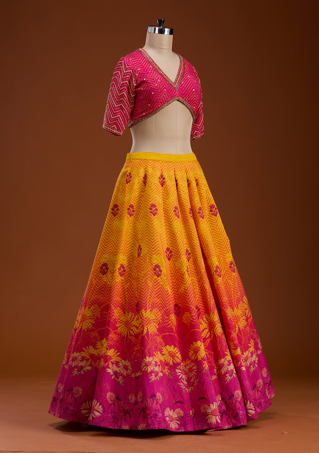 Koskii Raw Silk Yellow & Pink Lehenga with Vibrant Embroidery