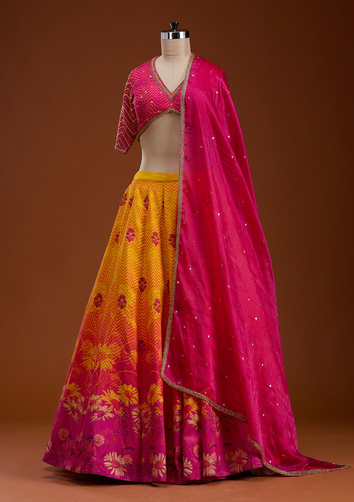Koskii Raw Silk Yellow & Pink Lehenga with Vibrant Embroidery