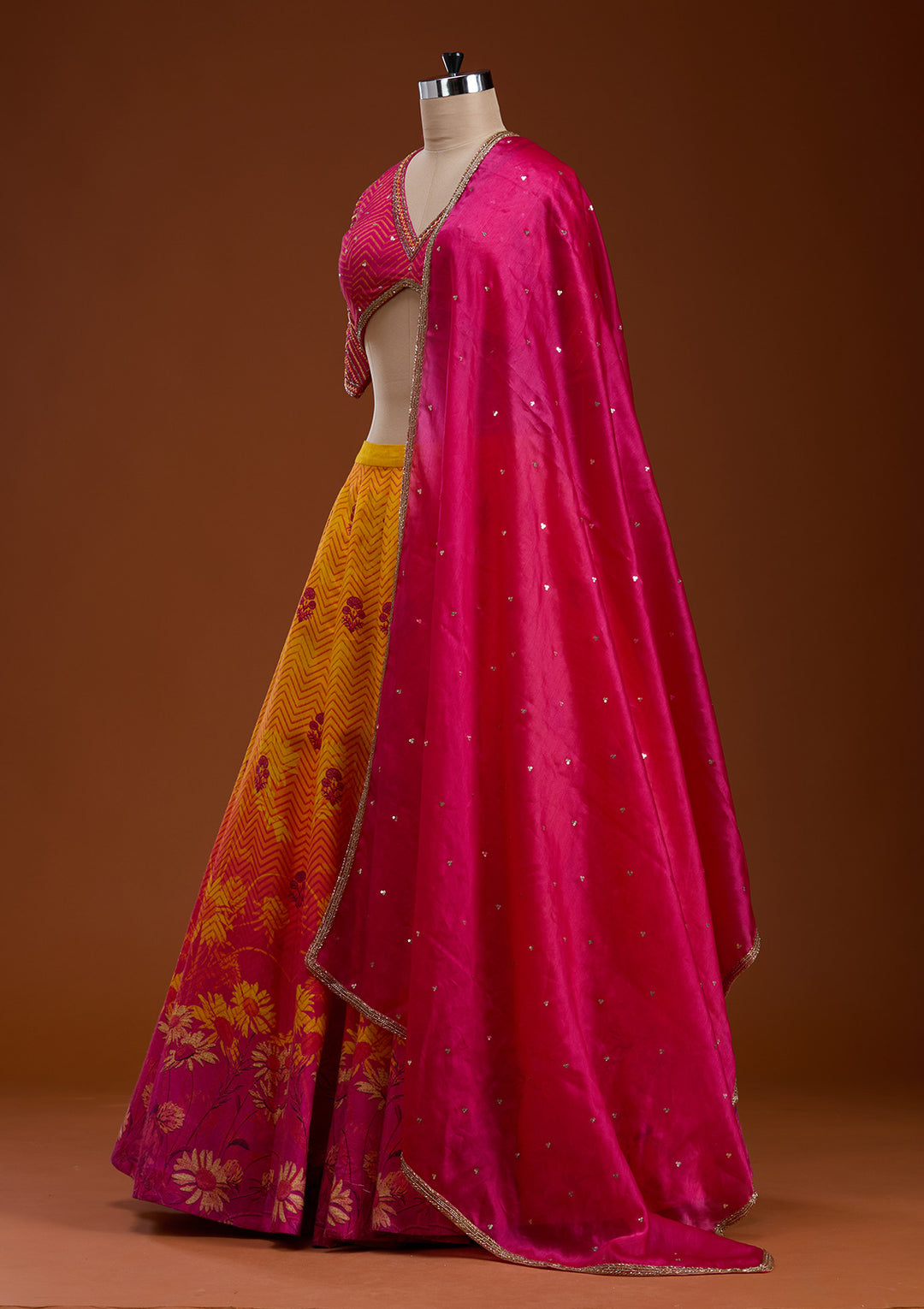 Koskii Raw Silk Yellow & Pink Lehenga with Vibrant Embroidery
