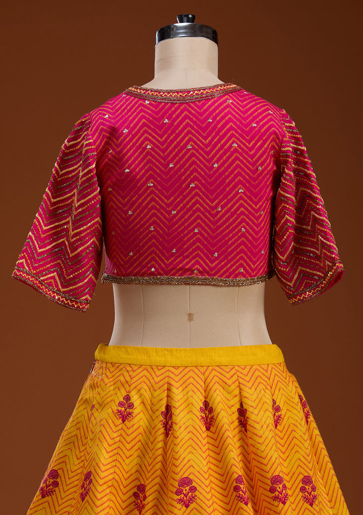 Koskii Raw Silk Yellow & Pink Lehenga with Vibrant Embroidery