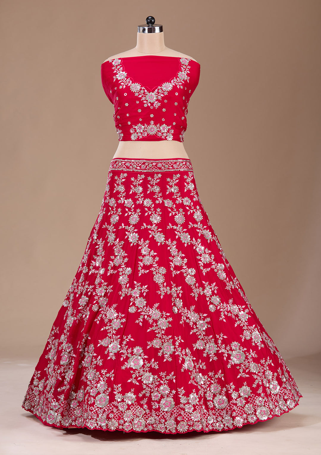 Rani Pink Sequins Silk Semi-Stitched Lehenga