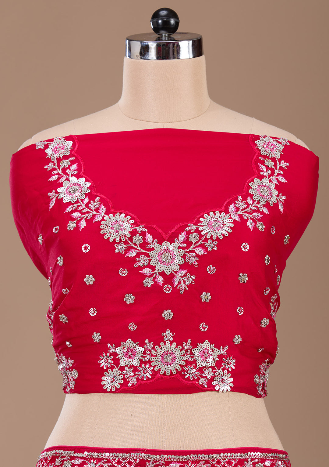 Rani Pink Sequins Silk Semi-Stitched Lehenga