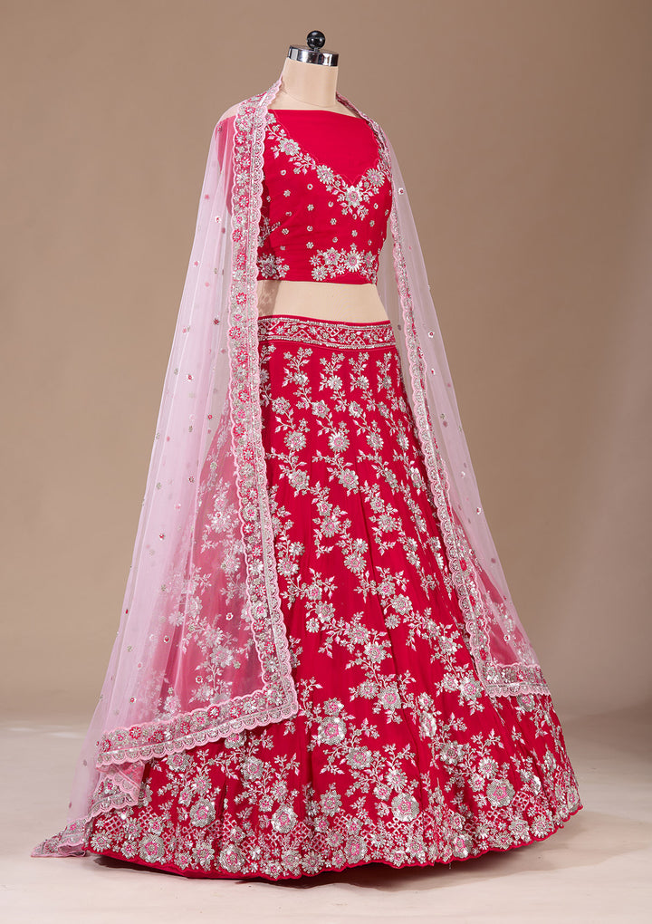 Rani Pink Sequins Silk Semi-Stitched Lehenga