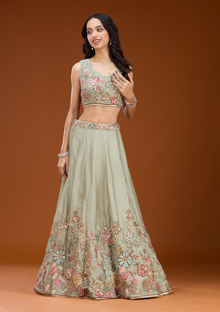 Pista Green Threadwork Georgette Readymade Lehenga