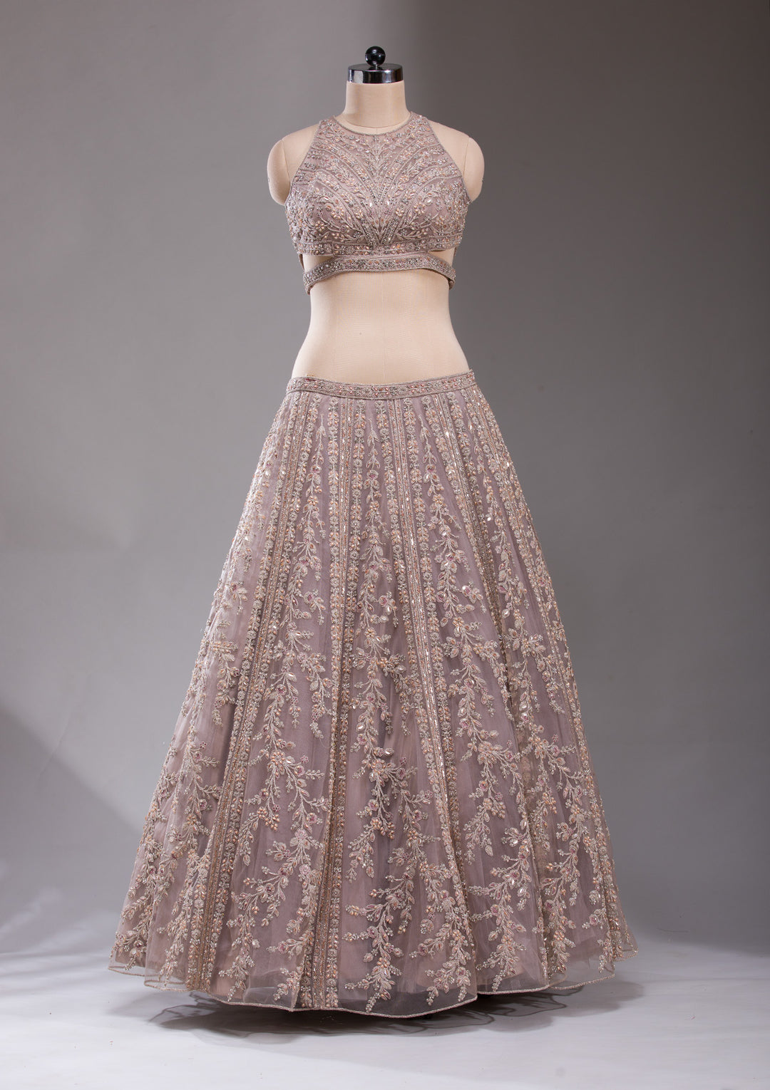 Cutdana Beige Net Stitched Lehenga Blouse With Dupatta