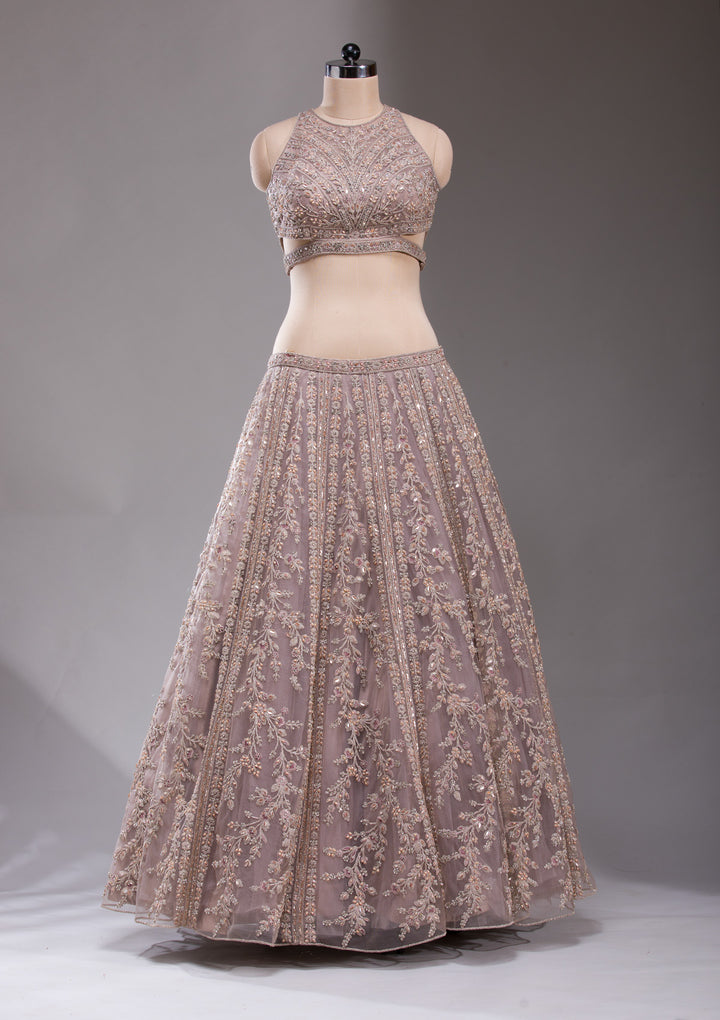 Cutdana Beige Net Stitched Lehenga Blouse With Dupatta