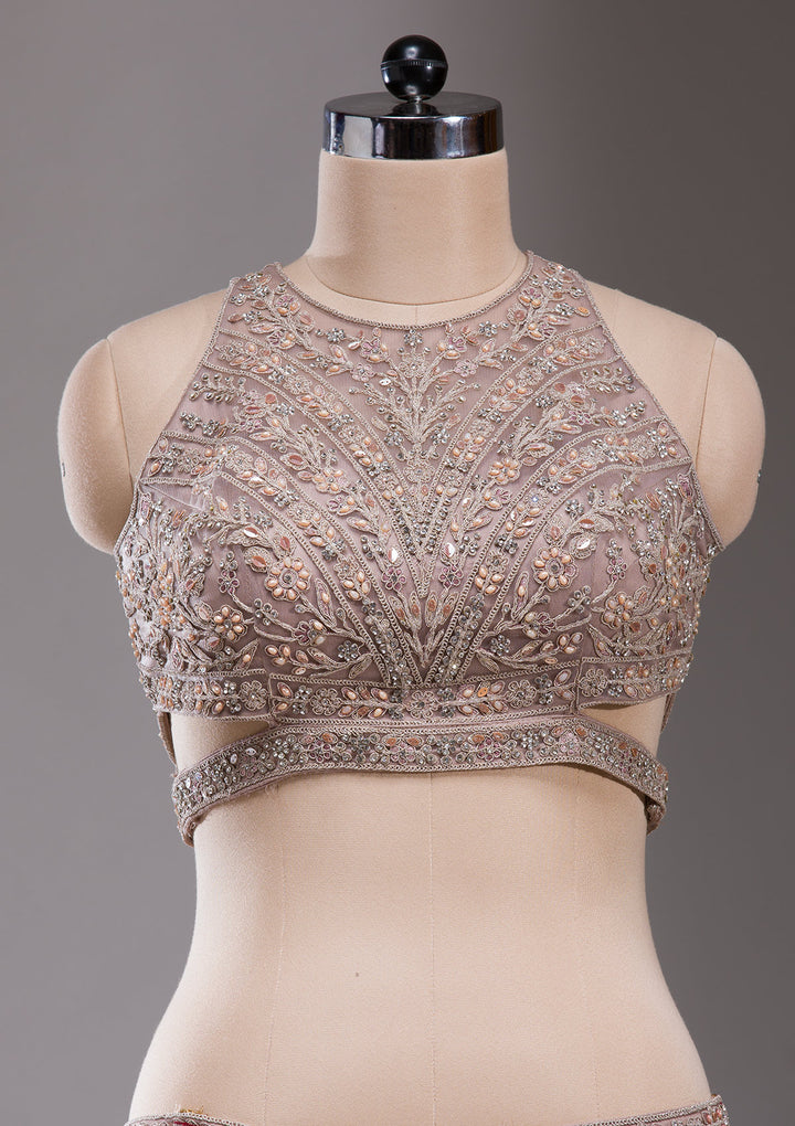 Cutdana Beige Net Stitched Lehenga Blouse With Dupatta
