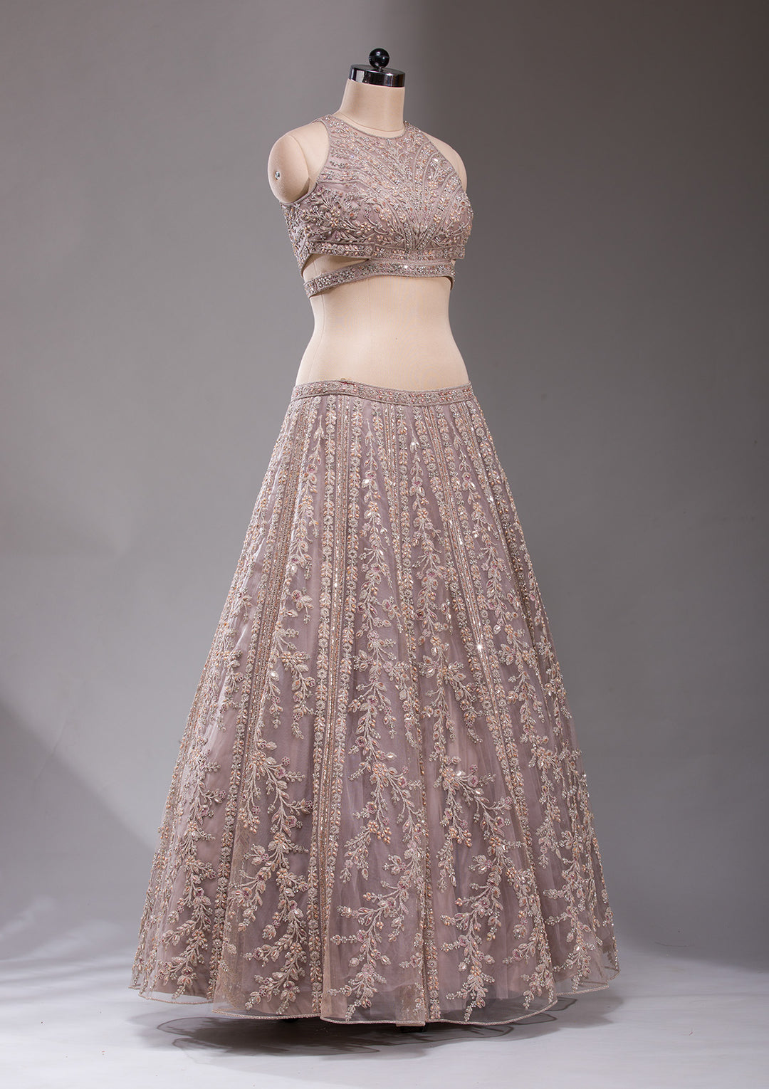 Cutdana Beige Net Stitched Lehenga Blouse With Dupatta