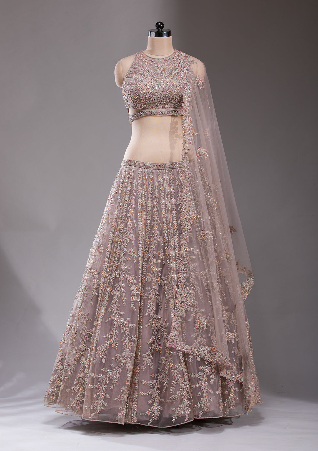 Cutdana Beige Net Stitched Lehenga Blouse With Dupatta