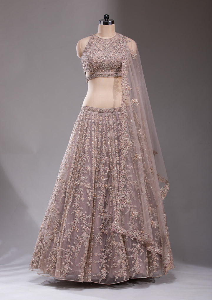 Cutdana Beige Net Stitched Lehenga Blouse With Dupatta
