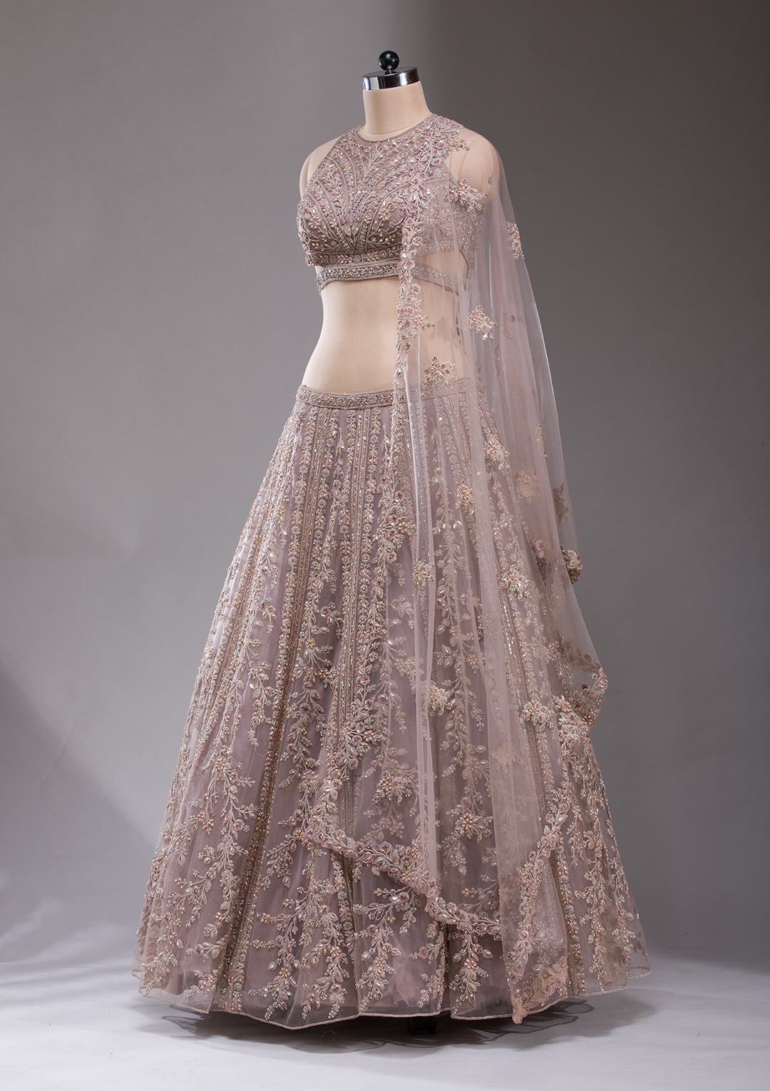 Cutdana Beige Net Stitched Lehenga Blouse With Dupatta