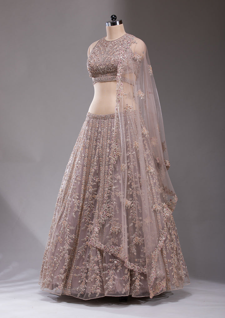 Cutdana Beige Net Stitched Lehenga Blouse With Dupatta