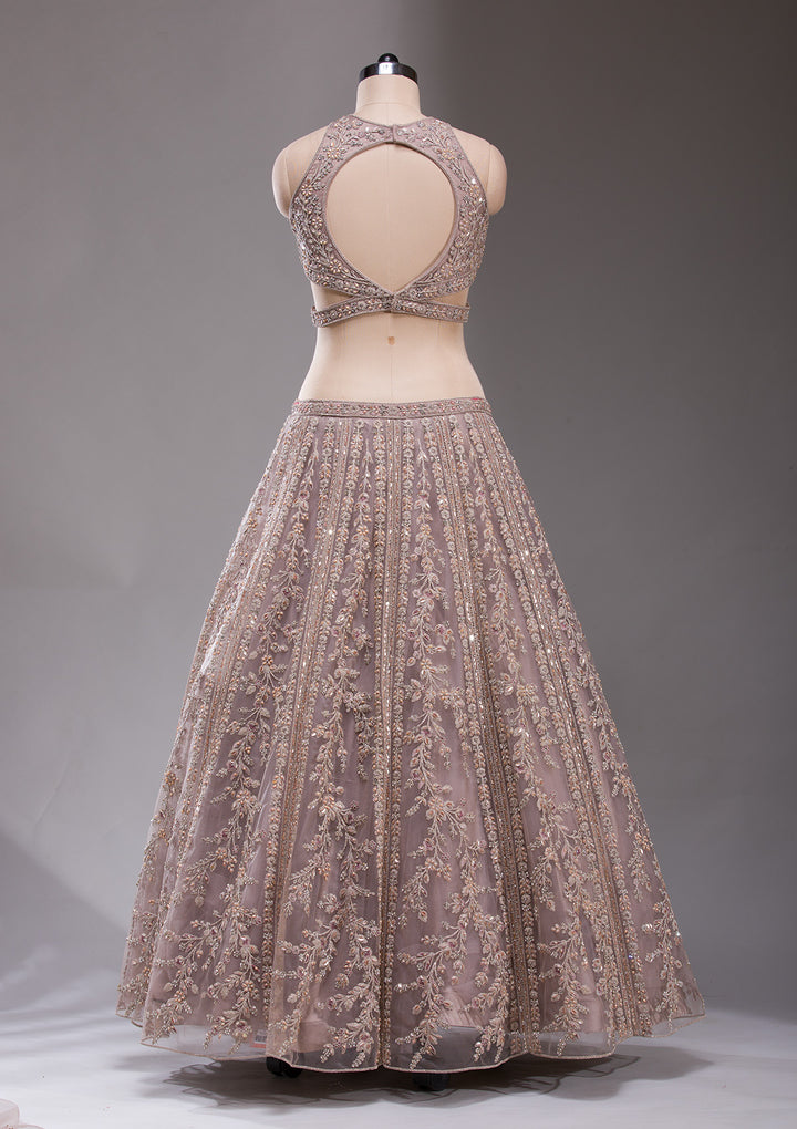 Cutdana Beige Net Stitched Lehenga Blouse With Dupatta
